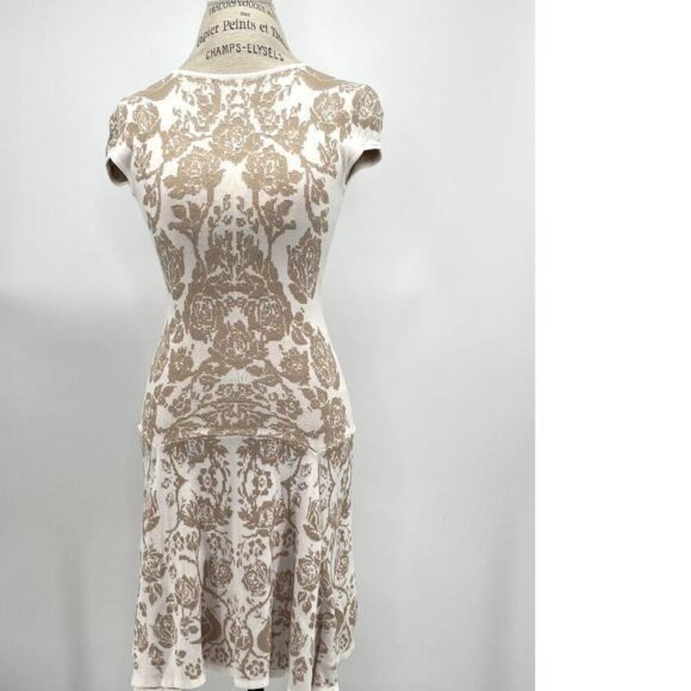 Rony Kobo Pattern Fit & Flare Taupe Cream Short Sleeve Dress Sz Small